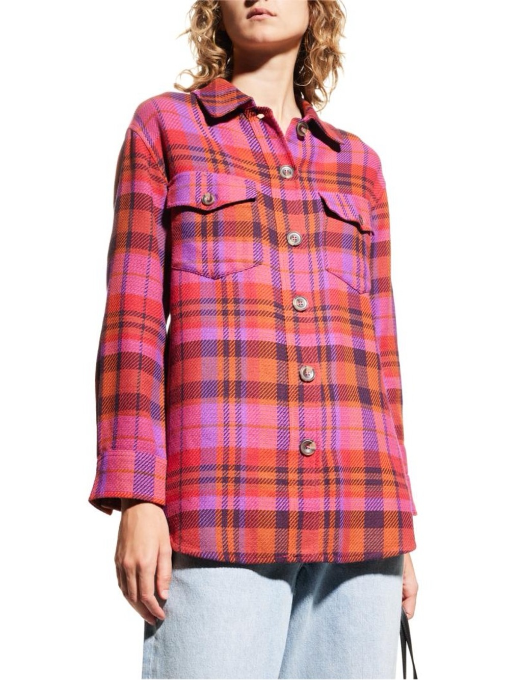 Johnny Was Azalea Embroidered Plaid Boucle Shirt Jacket